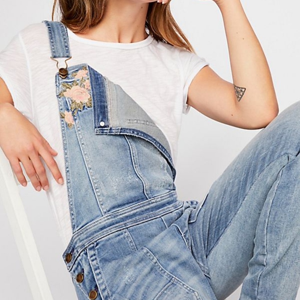 Embroidered Denim Overalls Floral